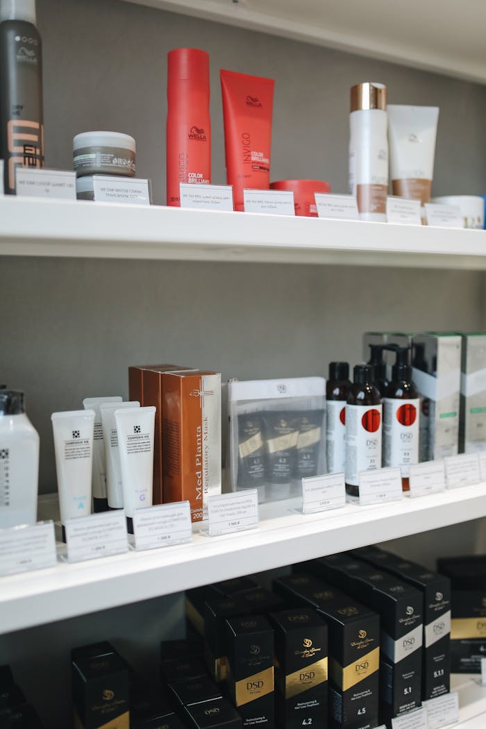 A variety of skincare and beauty products displayed neatly on store shelves.